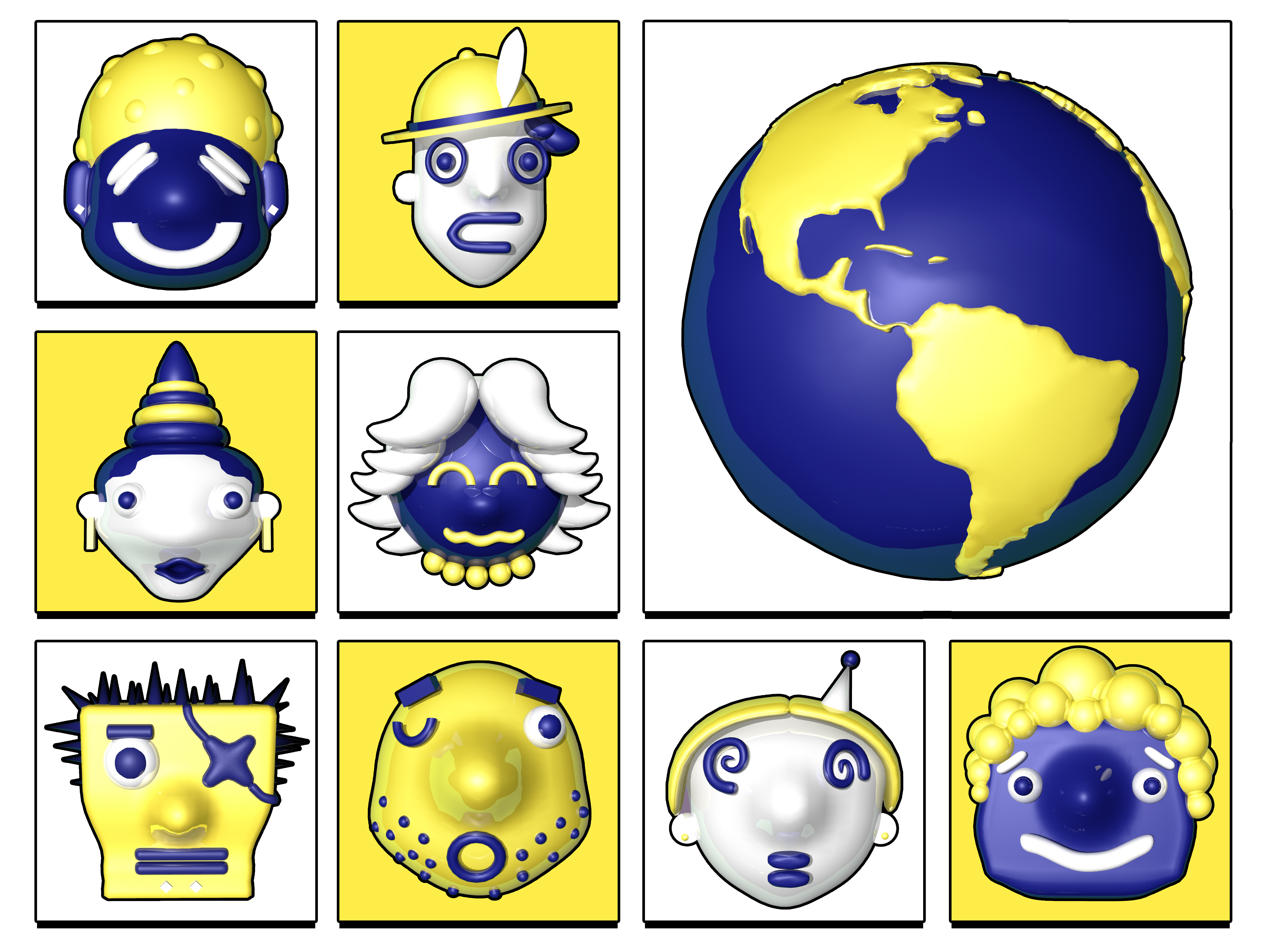 Grid of many stylized 3D character faces in various styles, shapes and sizes against a white background.
